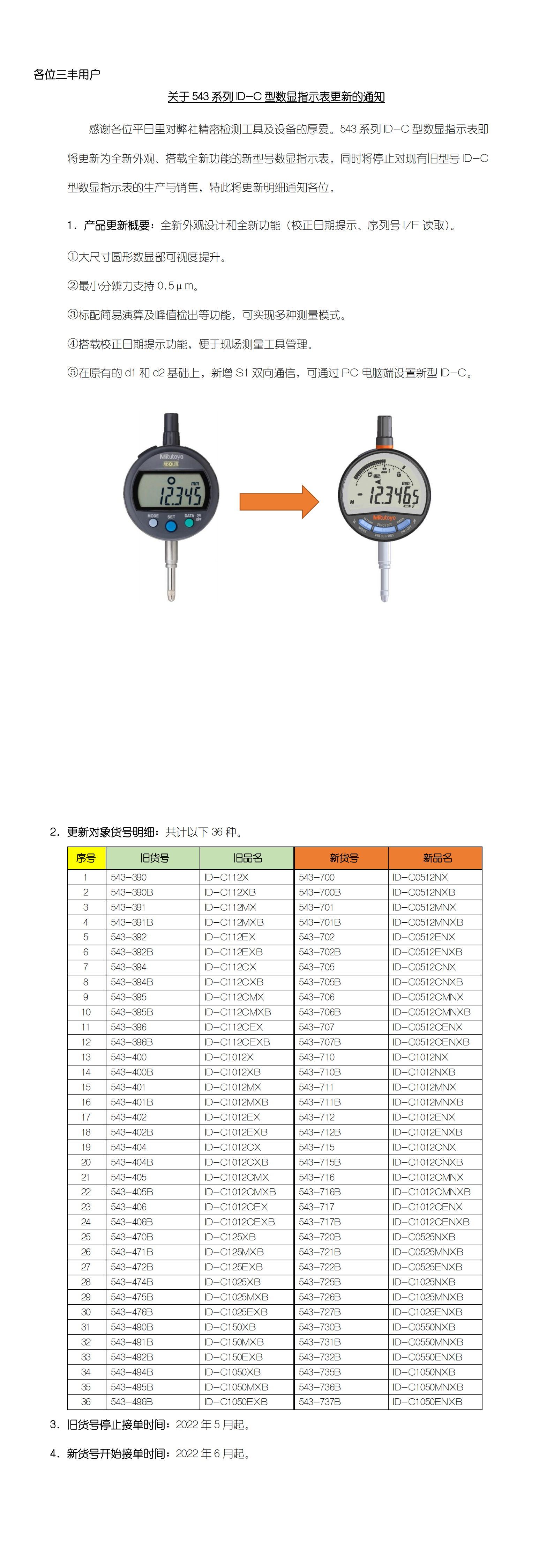 关于543系列新ID-C型数显指示表的变更内容
